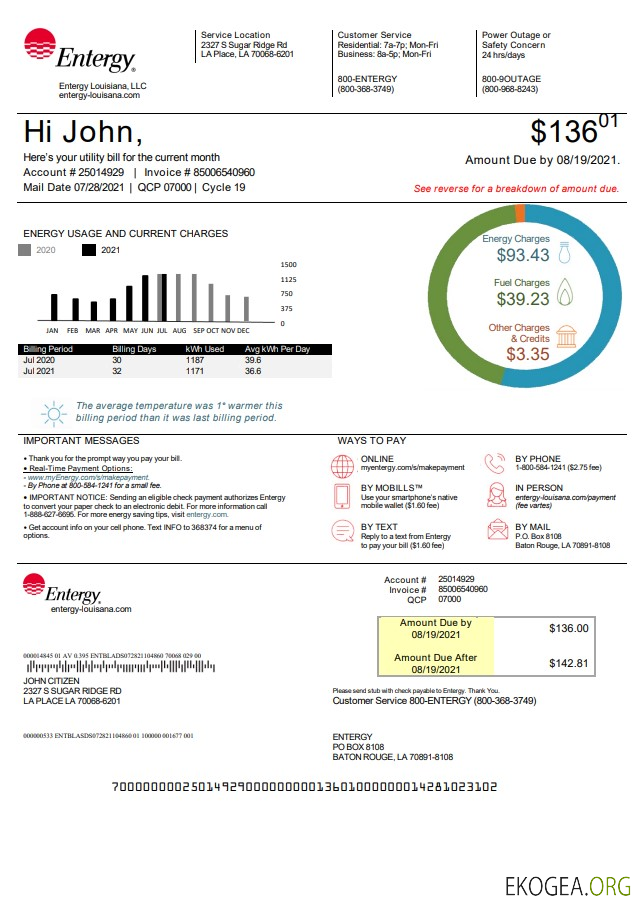 USA Louisiana Entergy utility bill template in Word and PDF format, version 2